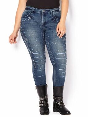 MBLM | Stretch Rhinestone Skinny Jeans with Distressing